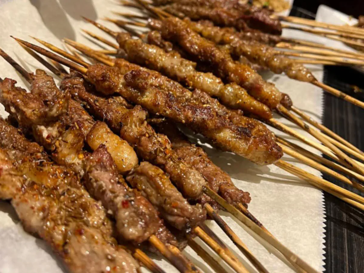Spiced grilled meat skewer assortment at Xin Jiang BBQ, a Chinese Restaurant in Houston